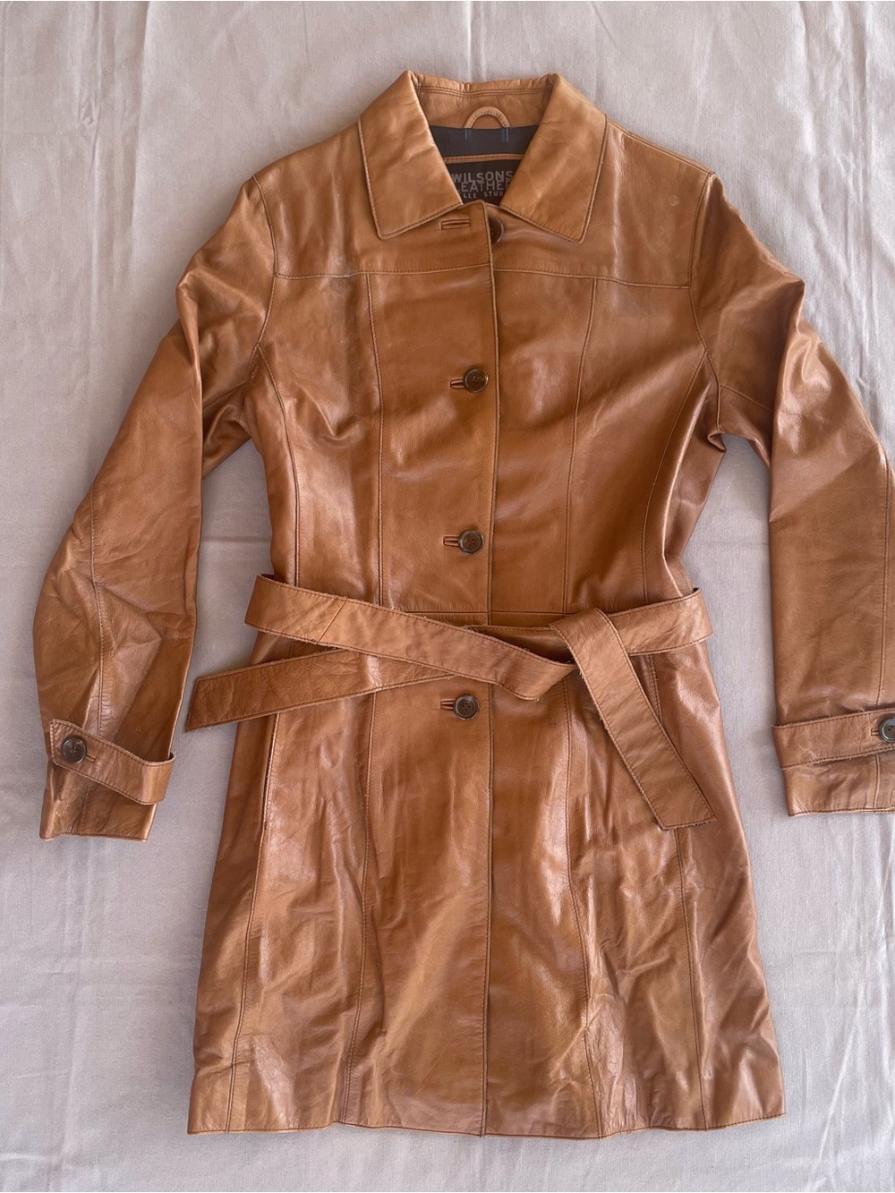 Vintage Wilsons Leather Size M Camel Color Trench Coat With Belt mid length POC